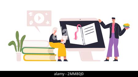 Online learning, digital workshop tutorials. Woman holding tablet and reading ebook. Boy studying remotely via computer Stock Vector