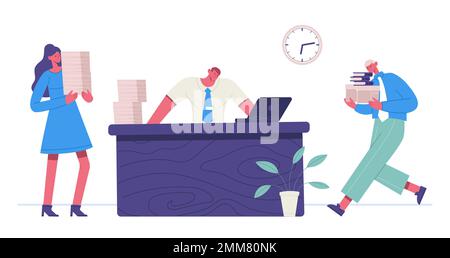 Organized office work. Successful time management, man sitting at desk and working at laptop. Female and male employees Stock Vector