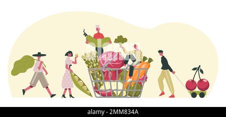 People carrying raw ingredients, vegetable fruits. Tiny female and male characters holding veggies, putting into basket Stock Vector