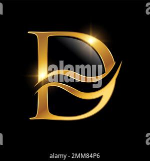 A vector Illustration of Golden Monogram Logo Initial Letter D in black background with gold shine effect Stock Vector