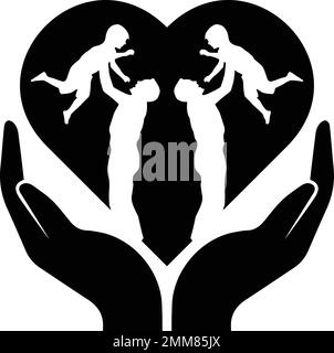 father holds up his son in love and two hands hold up them. vector icon. Stock Vector
