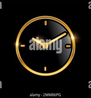 A vector Illustration of Golden Clock Symbol Logo Sign in black background with gold shine effect, ten pas ten o'clock, circle golden hour with shine Stock Vector