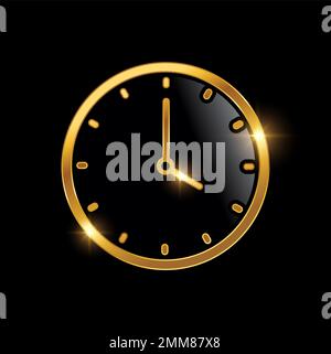 A vector Illustration of Golden Clock Symbol Logo Sign in black background with gold shine effect Stock Vector