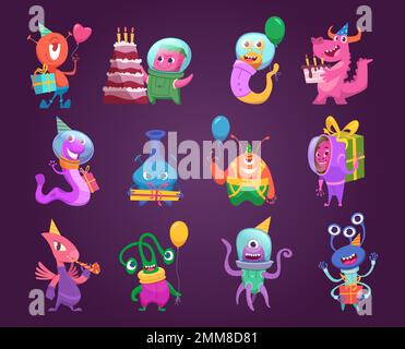 Funny aliens. Space cartoon characters with balloons exact vector party mascot aliens Stock Vector