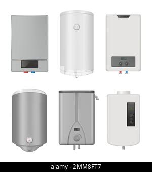 Water heater. Warm controlling systems gas boiler decent vector realistic illustrations set Stock Vector