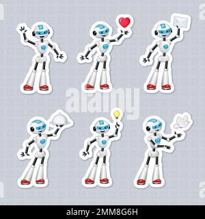 Cute cartoon robot in various poses sticker pack  Stock Vector