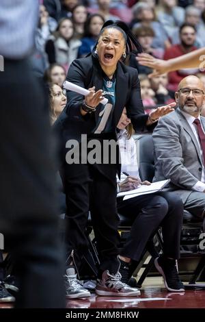 South Carolina head coach Dawn Staley argues with a referee during the  first half of an NCAA college basketball game against Alabama, Sunday, Jan.  29, 2023, in Tuscaloosa, Ala. (AP Photo/Vasha Hunt