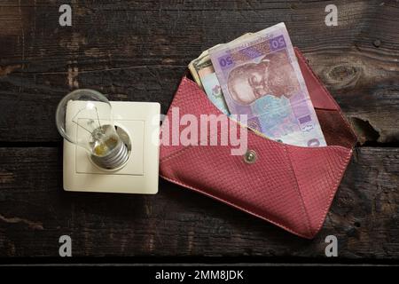 a wallet with Ukrainian 50 UAH lies next to an outlet and a light bulb on a wooden background, the price of light, a high price Stock Photo