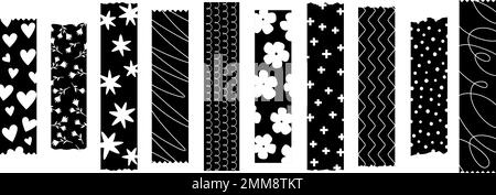 Washi tapes pieces, black and white decor scotch decorative elements. Isolated glue tape with hearts, waves, flowers and stars vector set Stock Vector