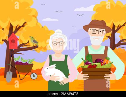 Grandparents in the autumn garden. Harvest. Stock Vector