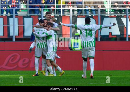 Milano, Italy. 29th Jan, 2023. The players of Sassuolo seen celebrating during the Serie A match between AC Milan and Sassuolo at San Siro in Milano. (Photo Credit: Gonzales Photo/Alamy Live News Stock Photo