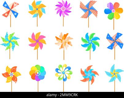 Cartoon pinwheel. Paper propller kid toy, set color windmills baby joy wind mill summer weather, breeze wheel child color whirligig spinner or weathercock, neat vector illustration Stock Vector