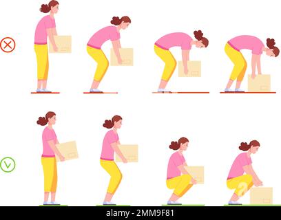 Woman lifting box. Correct and incorrect handling heavy objects, painful or safety posture for carry heaviness, wrong proper lift work women position, vector illustration of right lifting and carry Stock Vector