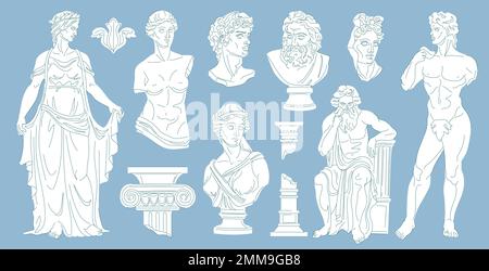 Cartoon antique statues. Ancient historic monuments classical greece culture, greek statue roman set museum element sculpture, ingenious vector illustration of antique greece historical monument Stock Vector
