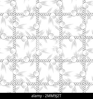 Seamless pattern, net of the cord with juniper. Black and white vector background on white. Stock Vector