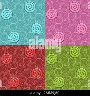 Set of seamless patterns with swirls and candies. Colored vector backgrounds. Stock Vector