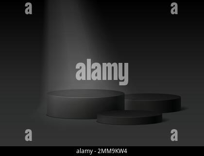 Stand show cosmetic product. Black realistic 3d cylinder pedestal podium on black backdrop. Abstract vector geometric platform for product display presentation. Stock Vector