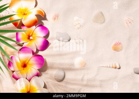 Plumeria flowers on white sand. Tropical beach background Stock Photo