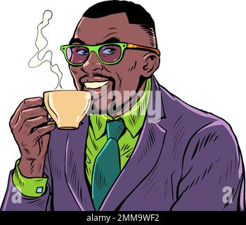 Joyful businessman drinking morning coffee. Hot drink. Cappuccino cocoa tea Stock Vector