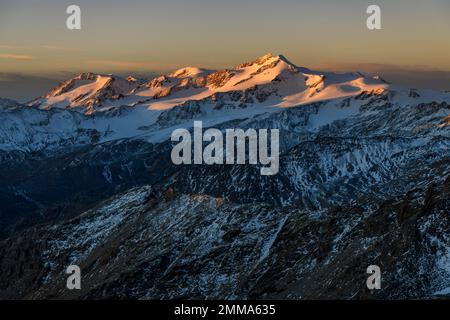 Snowy summit of Monte Cevedale in the morning light, Martell Valley, Naturno, South Tyrol, Italy Stock Photo