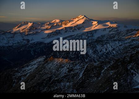 Snowy summit of Monte Cevedale in the morning light, Martell Valley, Naturno, South Tyrol, Italy Stock Photo