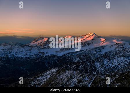 Snowy summit of Monte Cevedale in the morning light, Martell Valley, Naturno, South Tyrol, Italy Stock Photo