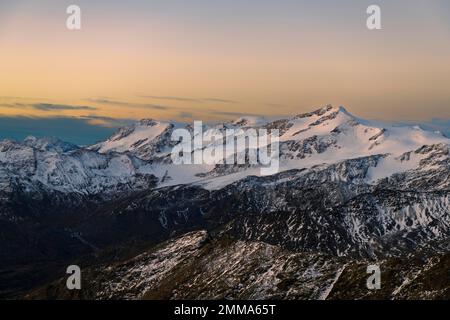 Snowy summit of Monte Cevedale in the morning light, Martell Valley, Naturno, South Tyrol, Italy Stock Photo