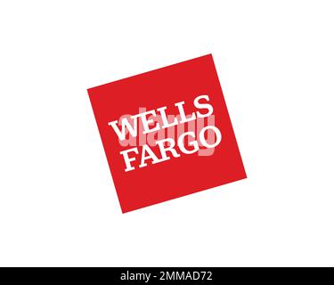 Wells Fargo, rotated, white background, logo, brand name Stock Photo