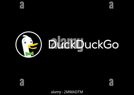 DuckDuckGo, black background, logo, brand name Stock Photo