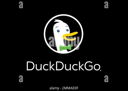 DuckDuckGo, black background, logo, brand name Stock Photo