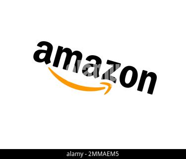 Amazon, rotated, white background, logo, brand name Stock Photo