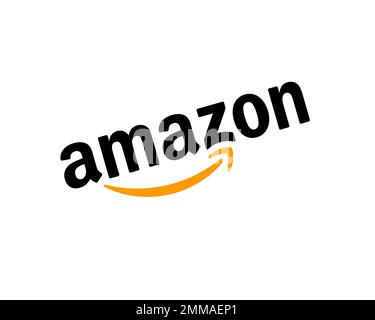 Amazon, rotated, white background, logo, brand name Stock Photo