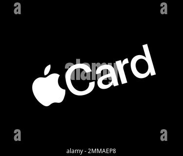 Apple Card White, rotated, black background, logo, brand name Stock Photo