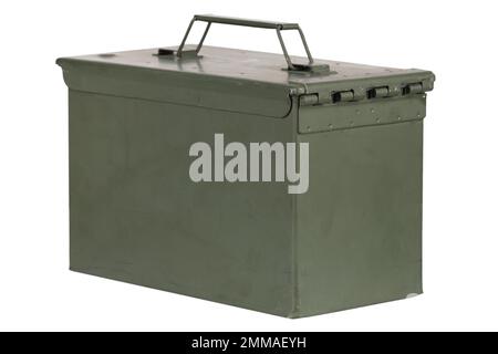 Stack of US army ammo cans isolated on white background Stock Photo