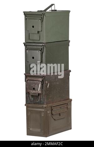 Stack of US army ammo cans isolated on white background Stock Photo