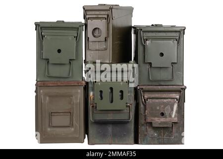 Stack of US army ammo cans isolated on white background Stock Photo