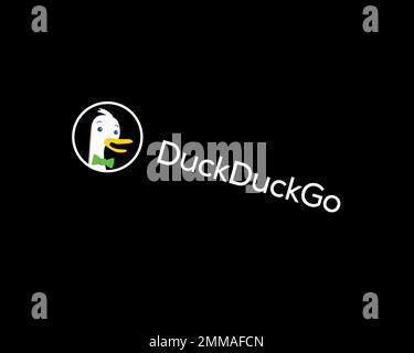 DuckDuckGo, rotated, black background, logo, brand name Stock Photo