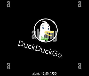 DuckDuckGo White, rotated, black background, logo, brand name Stock Photo