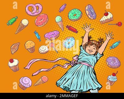 Joyful happy girl. Confectionery sweets candy cupcake donut cake ice cream. birthday background Stock Vector