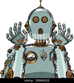 the frightened robot raised its hands in surprise. Emotions of artificial intelligence. retro mechanism Stock Vector