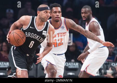 Brooklyn Nets forward Lance Thomas warms up before the start of an  exhibition NBA basketball game against the Sesi/Franca Basketball Club,  Friday, Oct. 4, 2019, in New York. (AP Photo/Mary Altaffer Stock
