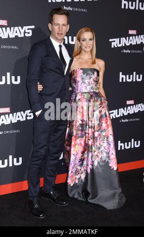 American actress Annie Wersching best known for her roles in the television shows 24, Bosch and Timeless has died after a two year battle with cancer at 45 years old on January 29, 2023.  Kip Pardue and Annie Wersching at Marvel's 'Runaways' Premiere Event  on November 16, 2017 in Westwood, CA. Janet Gough/AFF-USA.com Stock Photo