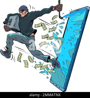 A thief steals electronic money through a smartphone. Internet fraud, data theft by hackers Stock Vector
