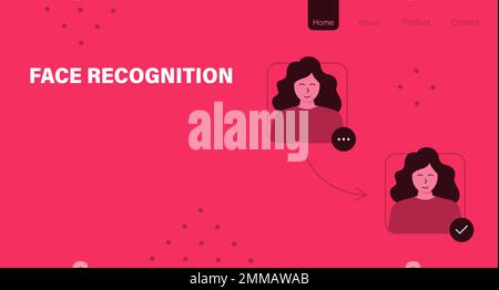 Face recognition landing page template. Red monocolor Stock Vector