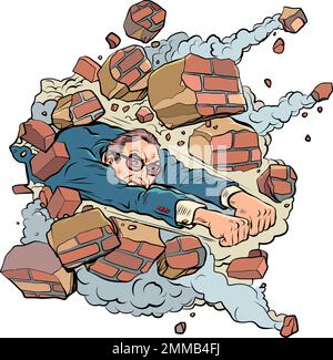 A man in a suit and glasses destroys a brick wall. Overcoming barriers, stereotypes and obstacles on your way. New opportunities that have just opened Stock Vector