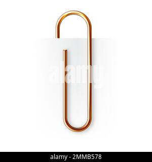Realistic copper paperclip attached to paper isolated on white ...