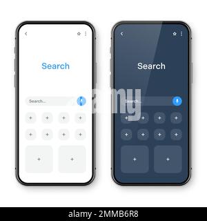 Smartphone with blank internet browser window and search bar, dark mode. Web site engine with search box, address bar and text field. UI design Stock Vector