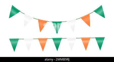 Decorative garland of triangular flags on a rope. Multi-colored flags for decorating holiday, carnival, festival. Festive decor. Vector illustration. Stock Vector