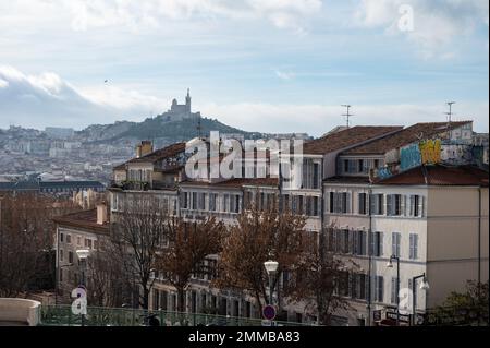 Marseille, Provence, France, 12 31 2022 - View over old town with a blue sky, high angle shot from the Saint Charles railway station Stock Photo