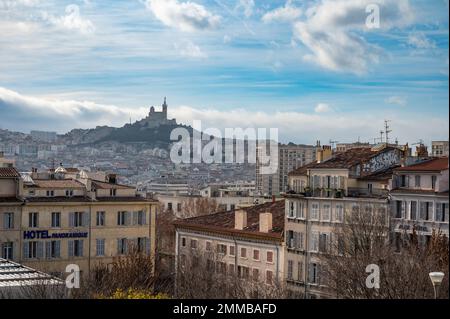 Marseille, Provence, France, 12 31 2022 - View over old town with a blue sky, high angle shot from the Saint Charles railway station Stock Photo